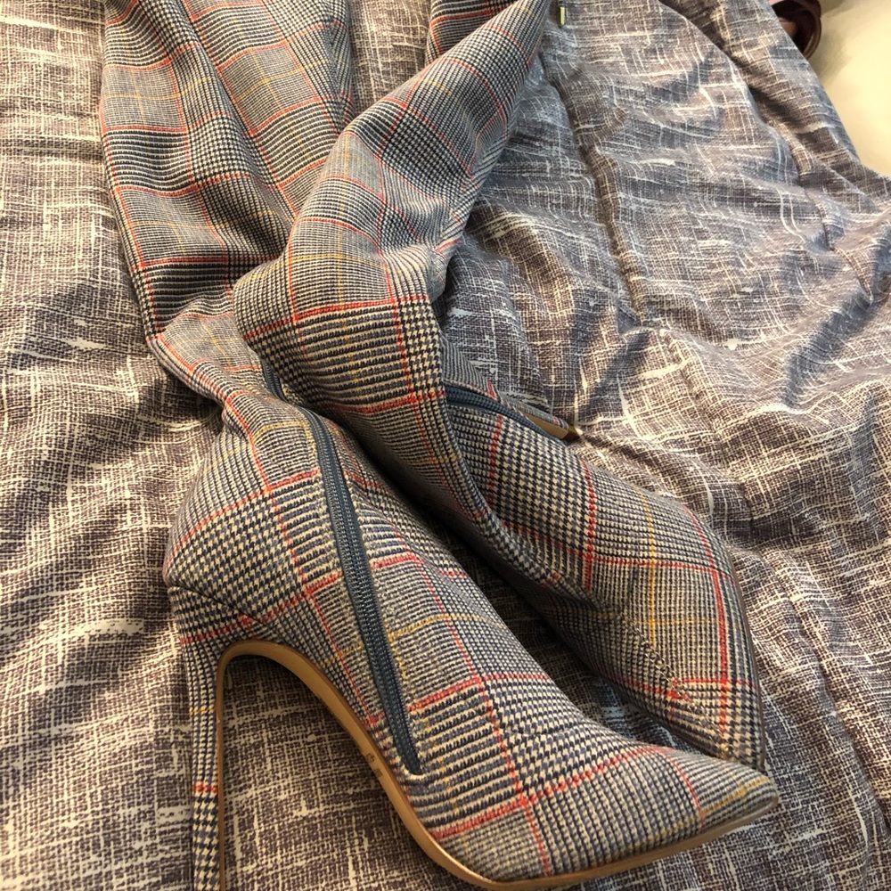 Plaid Thigh High Heeled Boots